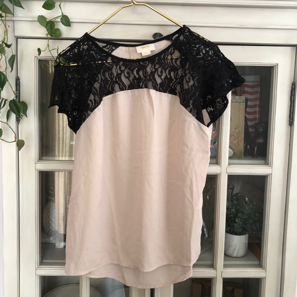 Blush Nude Shirt with Black Lace Detail